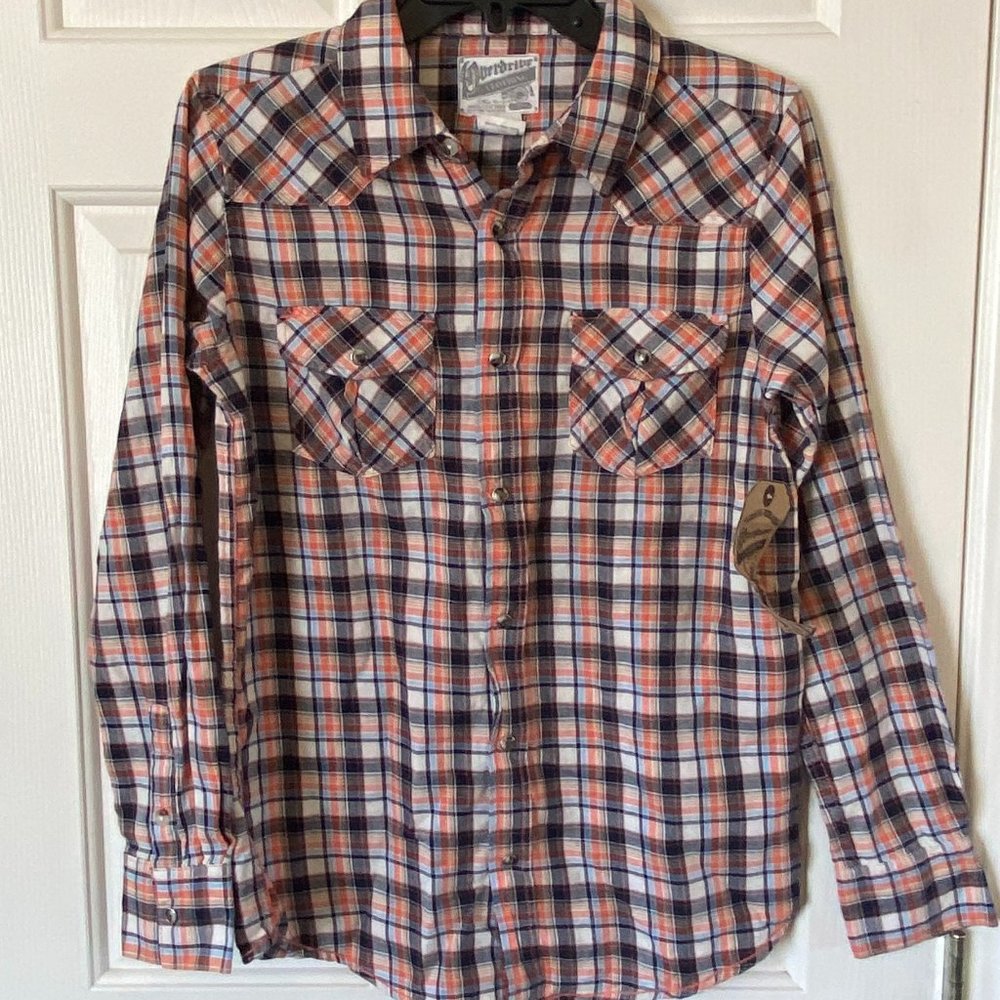 Overdrive Boys Snap Placket Flannel Western Long Sleeve Plaid Shirt L